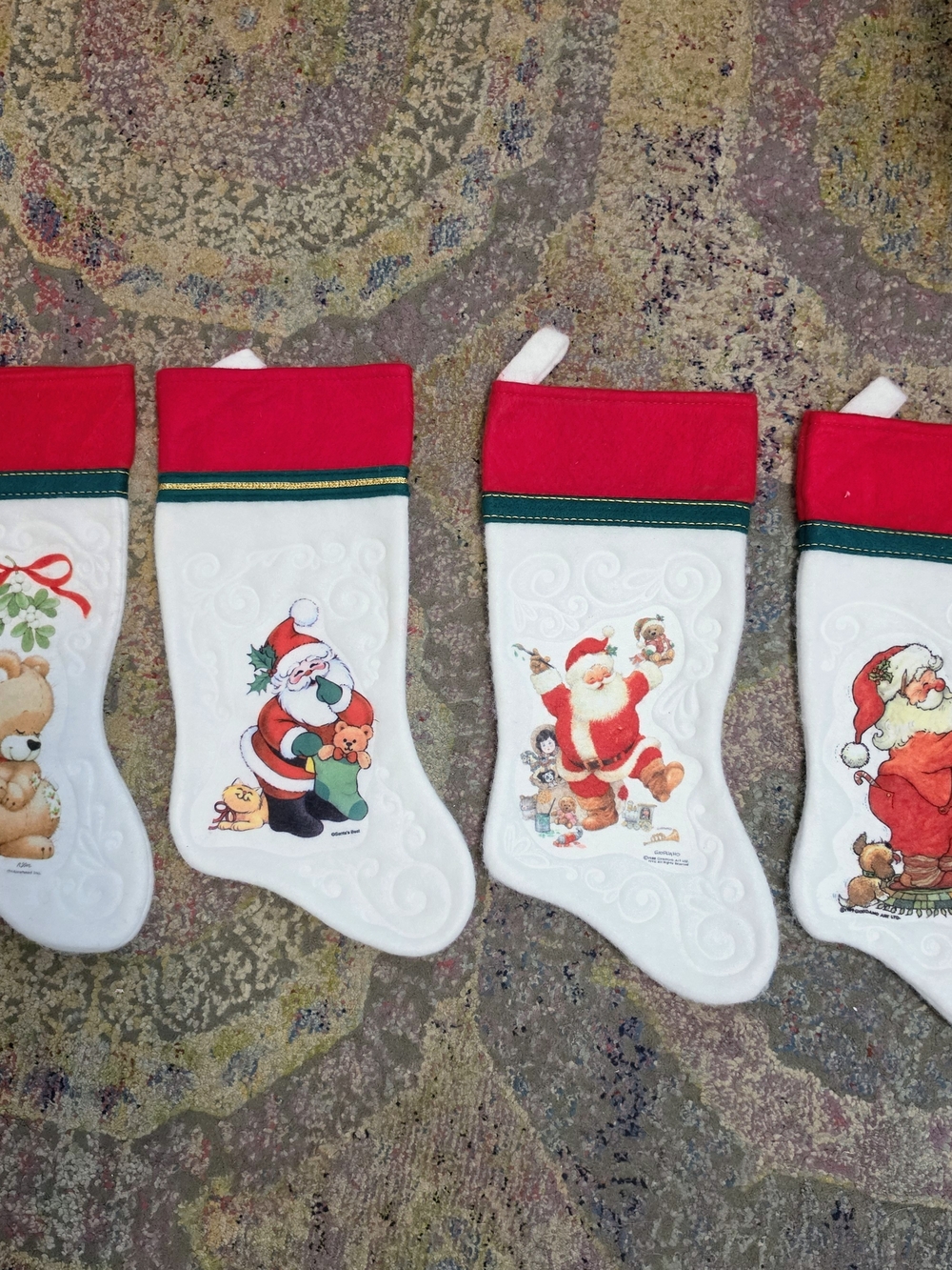 Vtg Felt Santa Bear Christmas Stockings Set 4 White Red Cuff Moorhead Giordano